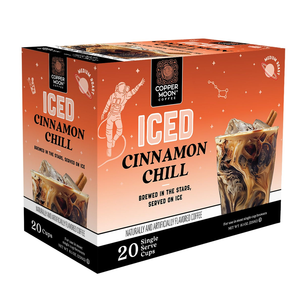Copper Moon Cinnamon Chill iced coffee being poured over ice, refreshing.