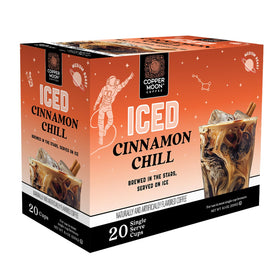 Copper Moon Cinnamon Chill iced coffee being poured over ice, refreshing.