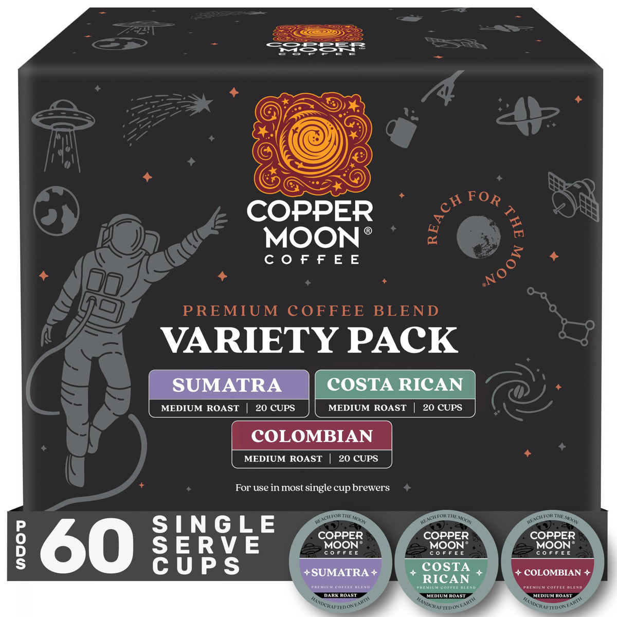 Copper Moon Colombian pods in a sleeve show balanced, smooth flavor for daily mornings.