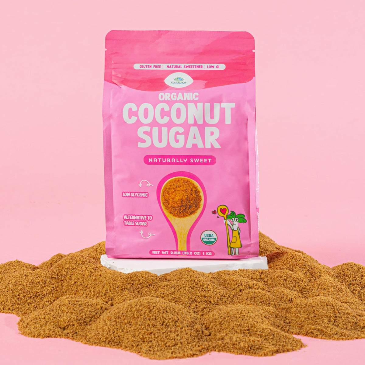 Copra Coconut Sugar granules close-up show rich caramel notes for baking.