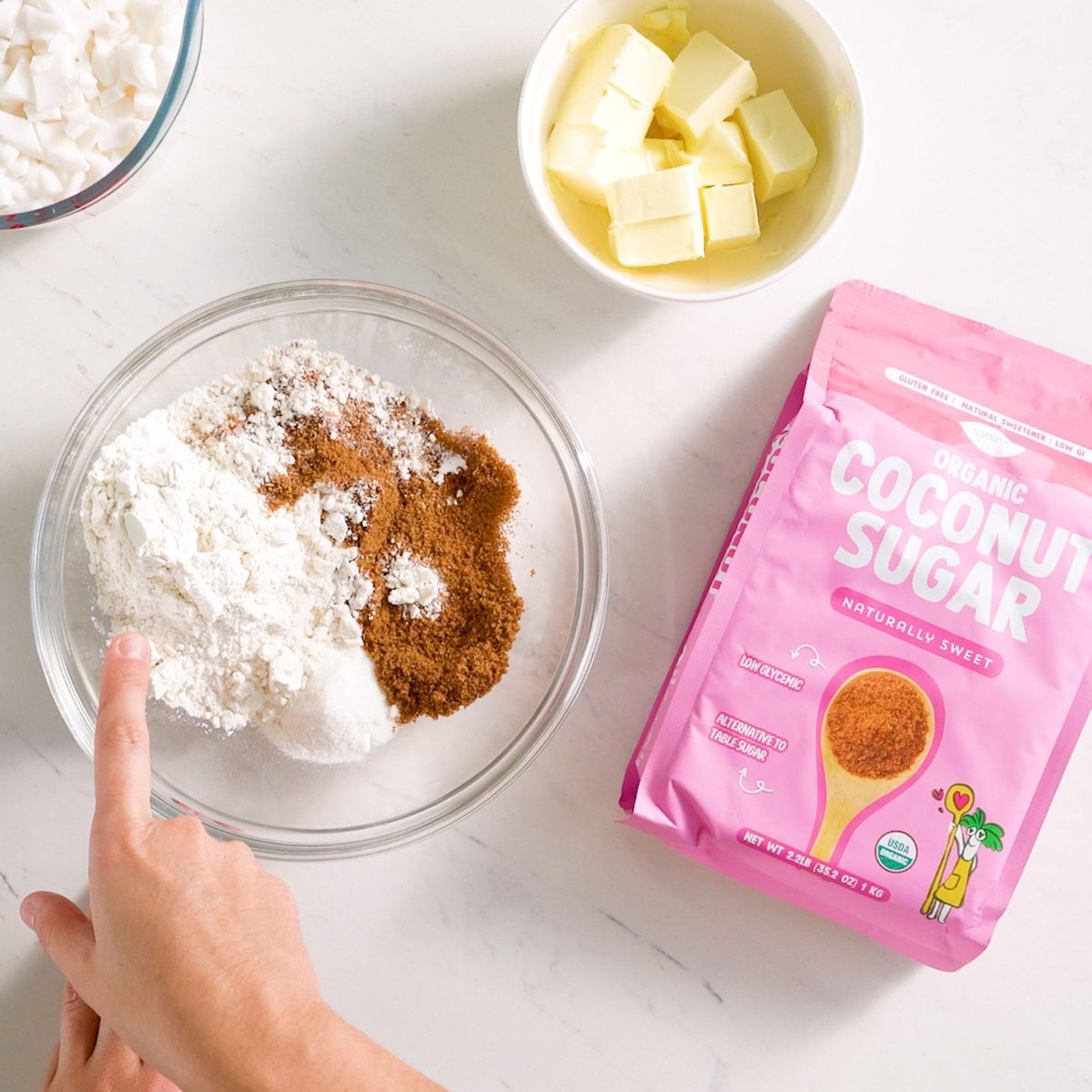 Copra Coconut Sugar label shows vegan, gluten-free, non-GMO attributes.