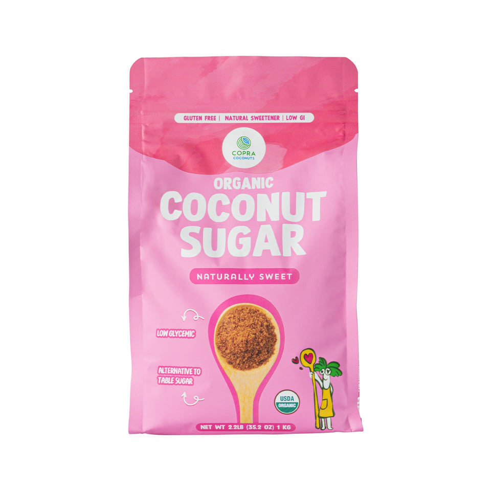 Copra Coconut Sugar packaging highlights organic sourcing and sustainable farming.