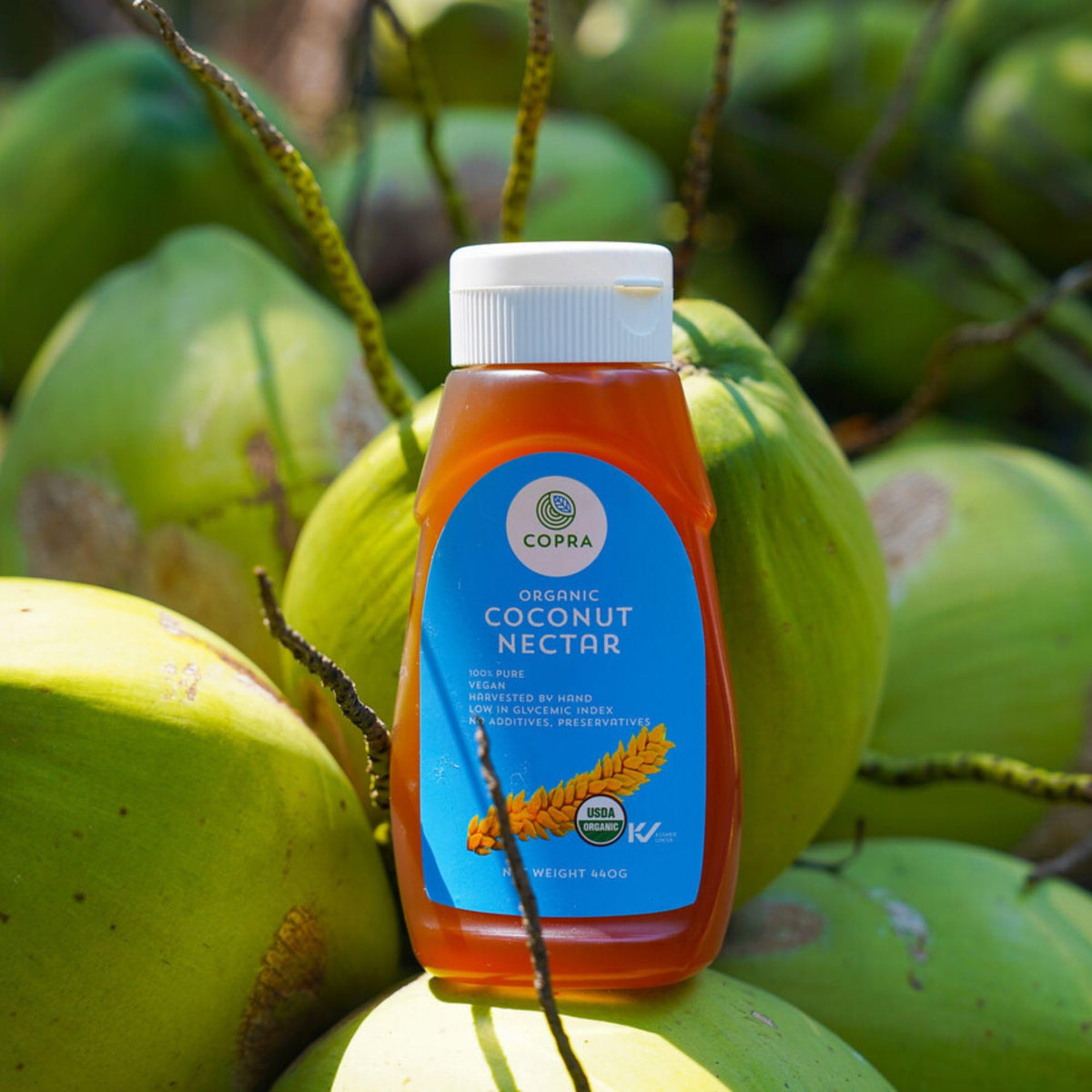 Copra Coconut Nectar on a pantry shelf signals a versatile kitchen staple.