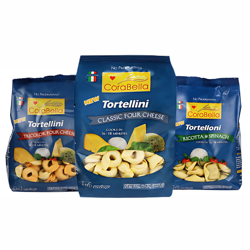 Corabella Tortellini Tricolor Four Cheese pack for quick, colorful weeknight meals.