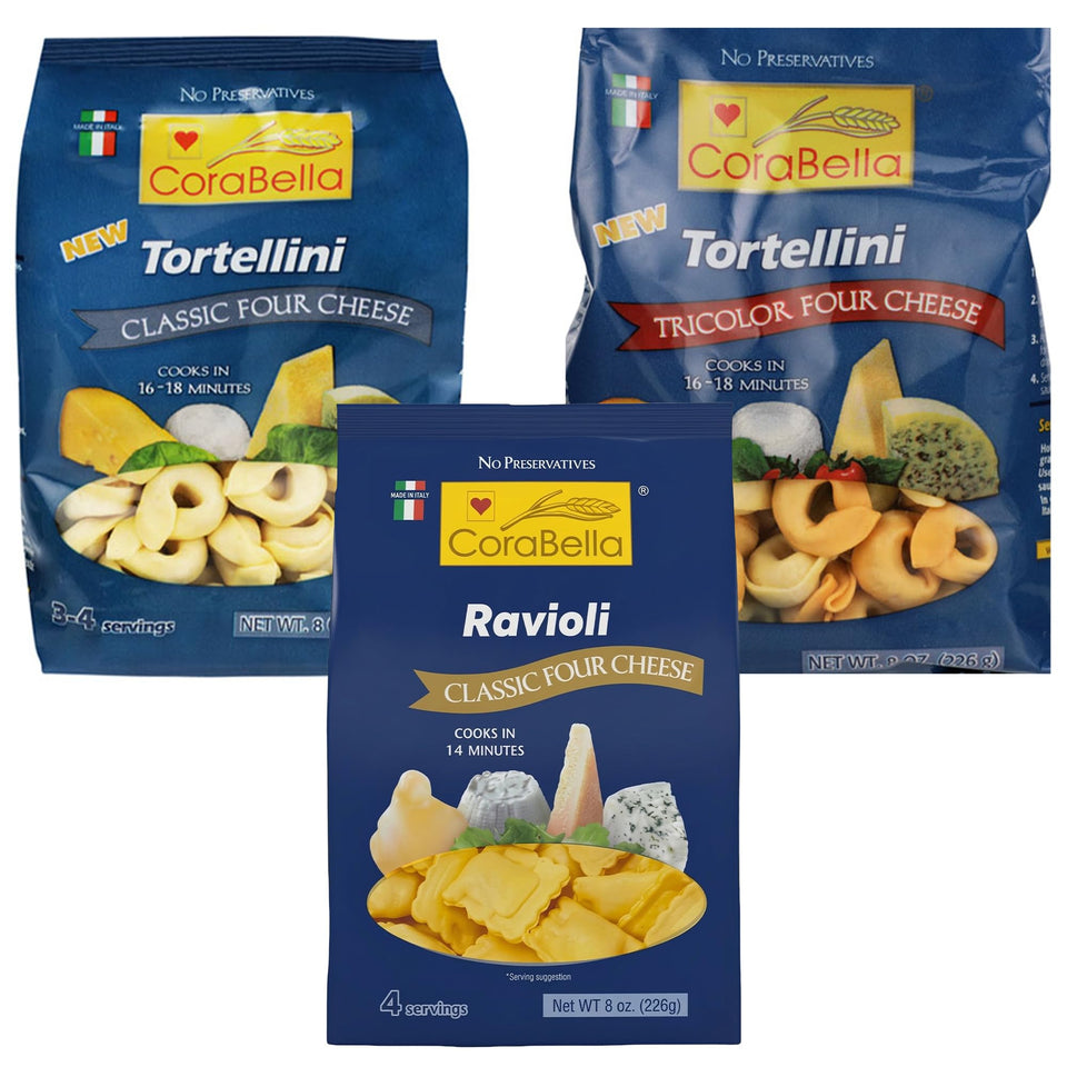 Corabella tricolor tortellini close-up ready for quick, comforting dinner.