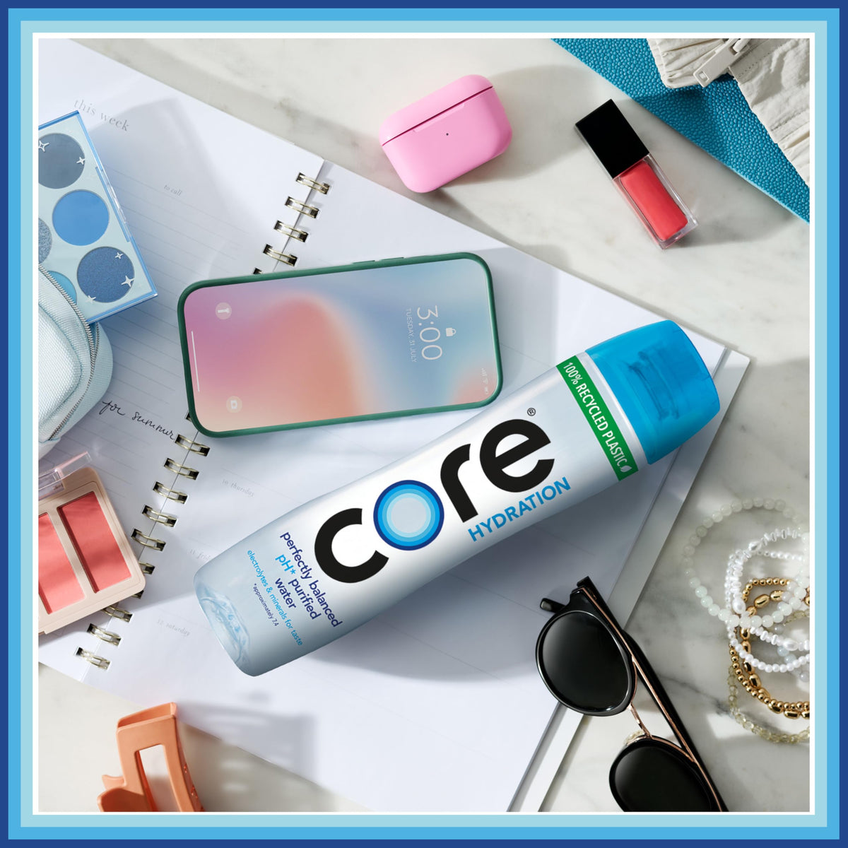Core Hydration 100% recycled plastic bottle supports sustainability.