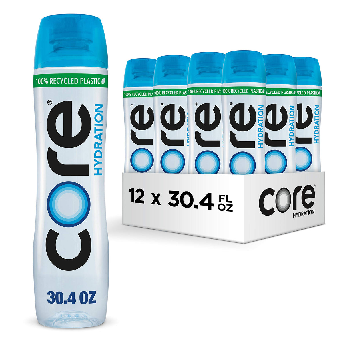 Core Hydration bottle close-up highlights balanced hydration and crisp taste.