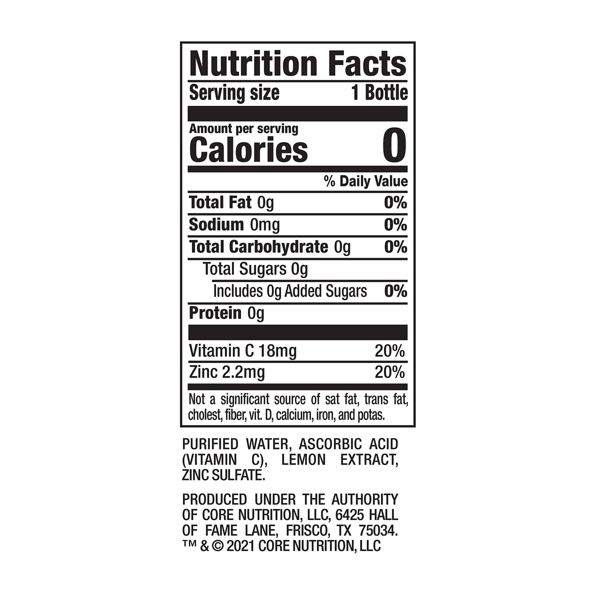 Core Hydration+ Immunity label graphic highlights lemon flavor and health-forward benefits.