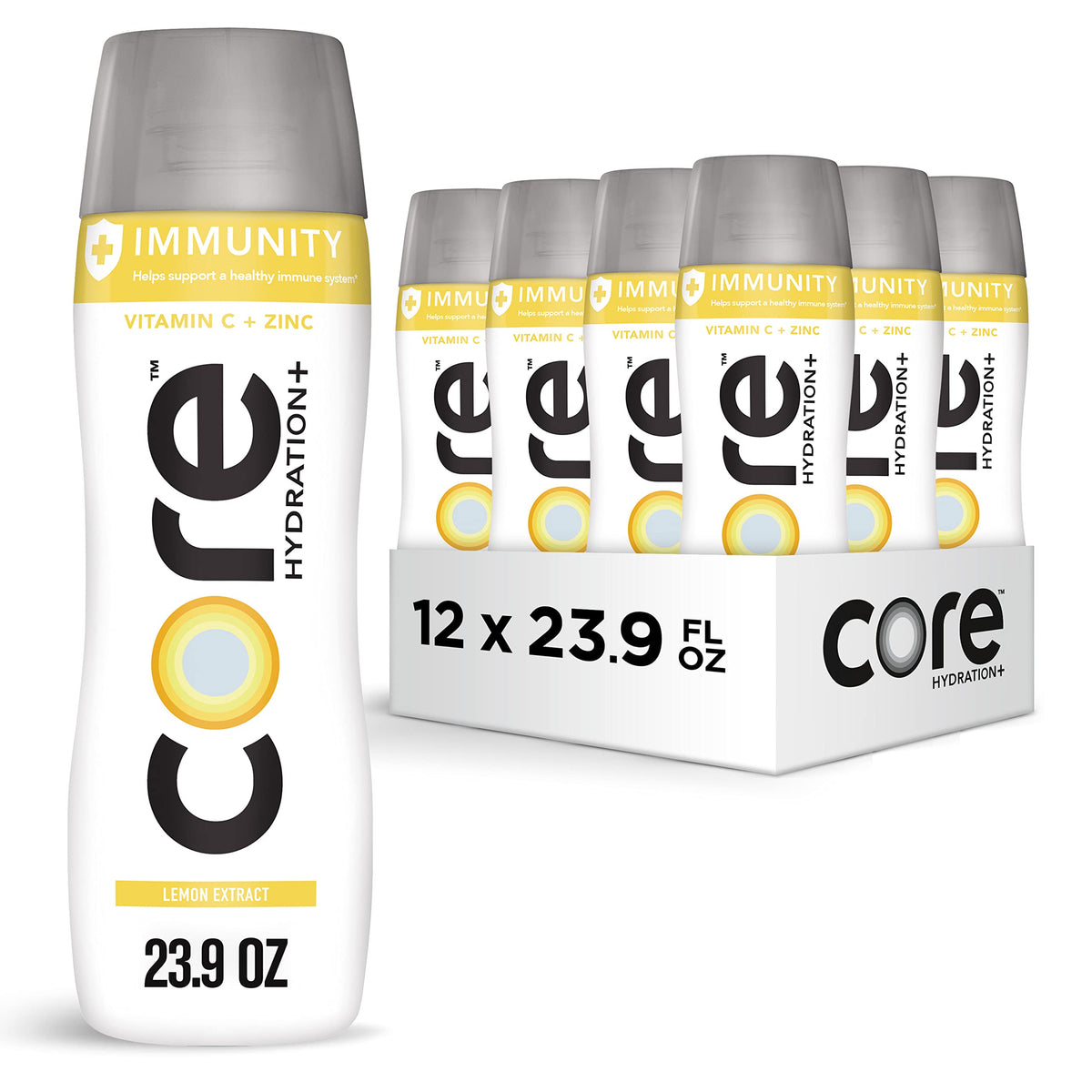 Core Hydration+ Immunity lemon bottle provides refreshing hydration with vitamin C and immune support.