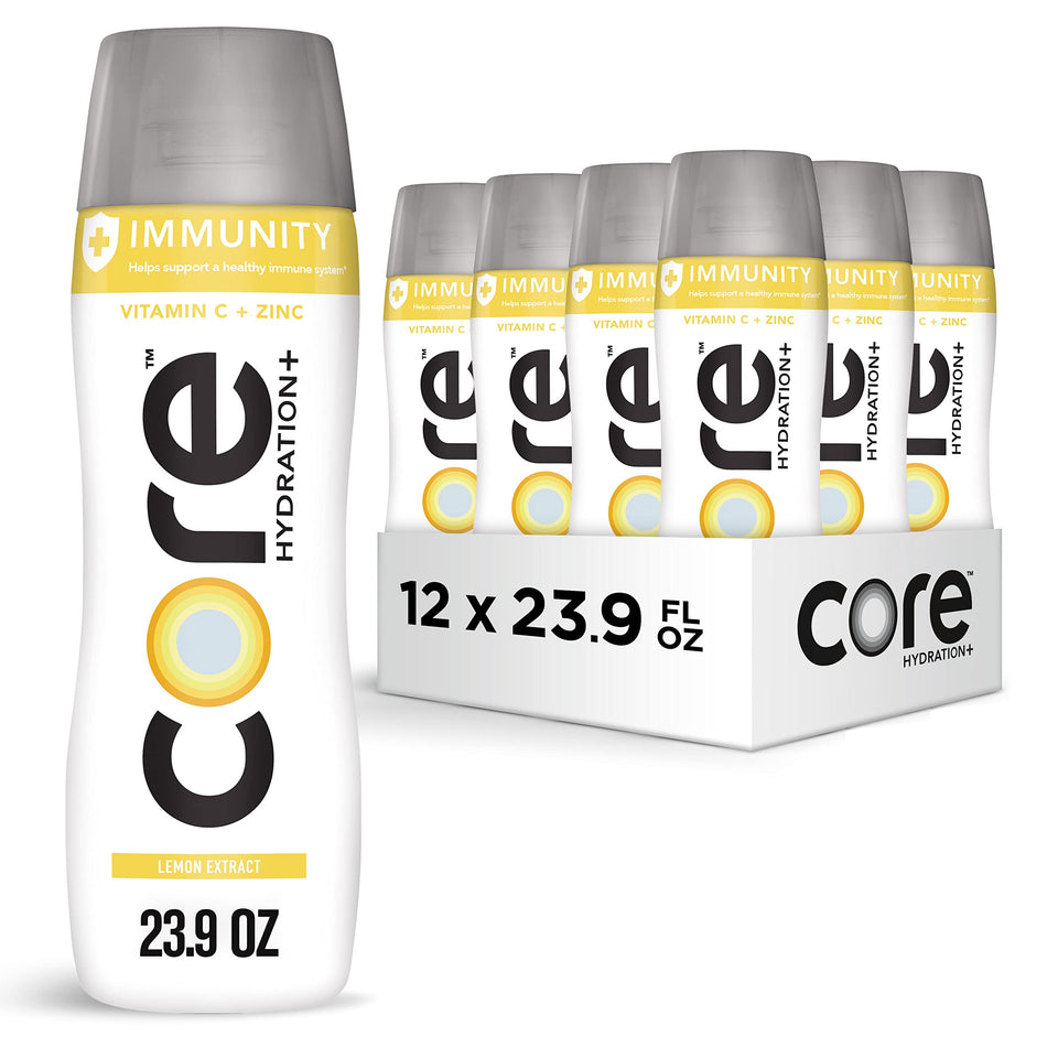 Core Hydration+ Immunity lemon bottle provides refreshing hydration with vitamin C and immune support.