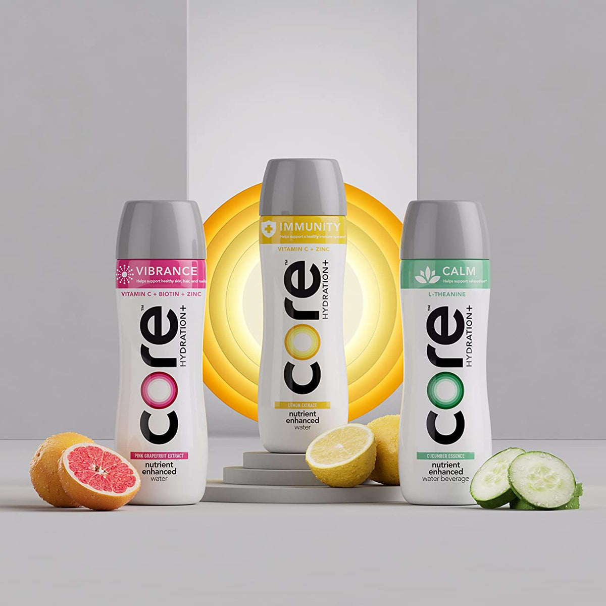 Core Hydration+ Immunity wide-mouth bottle enables quick, easy hydration on the go.