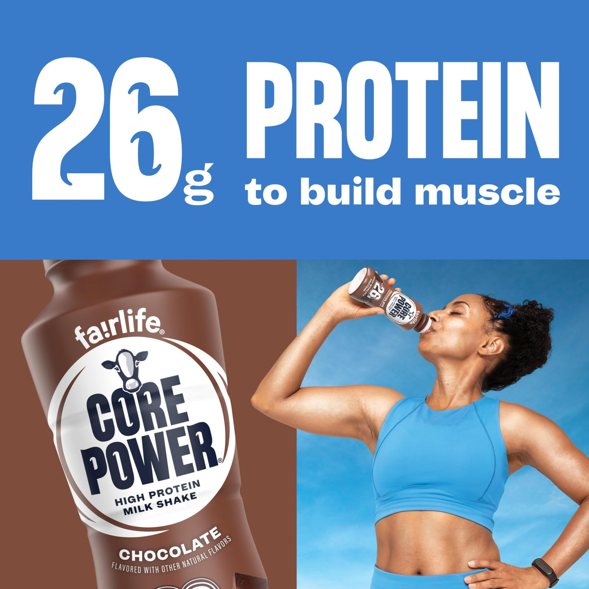 Core Power Chocolate bottle cap emphasizes freshness and tamper-evident seal.