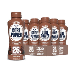Core Power Chocolate bottle front, ready-to-drink protein for post-workout fueling.