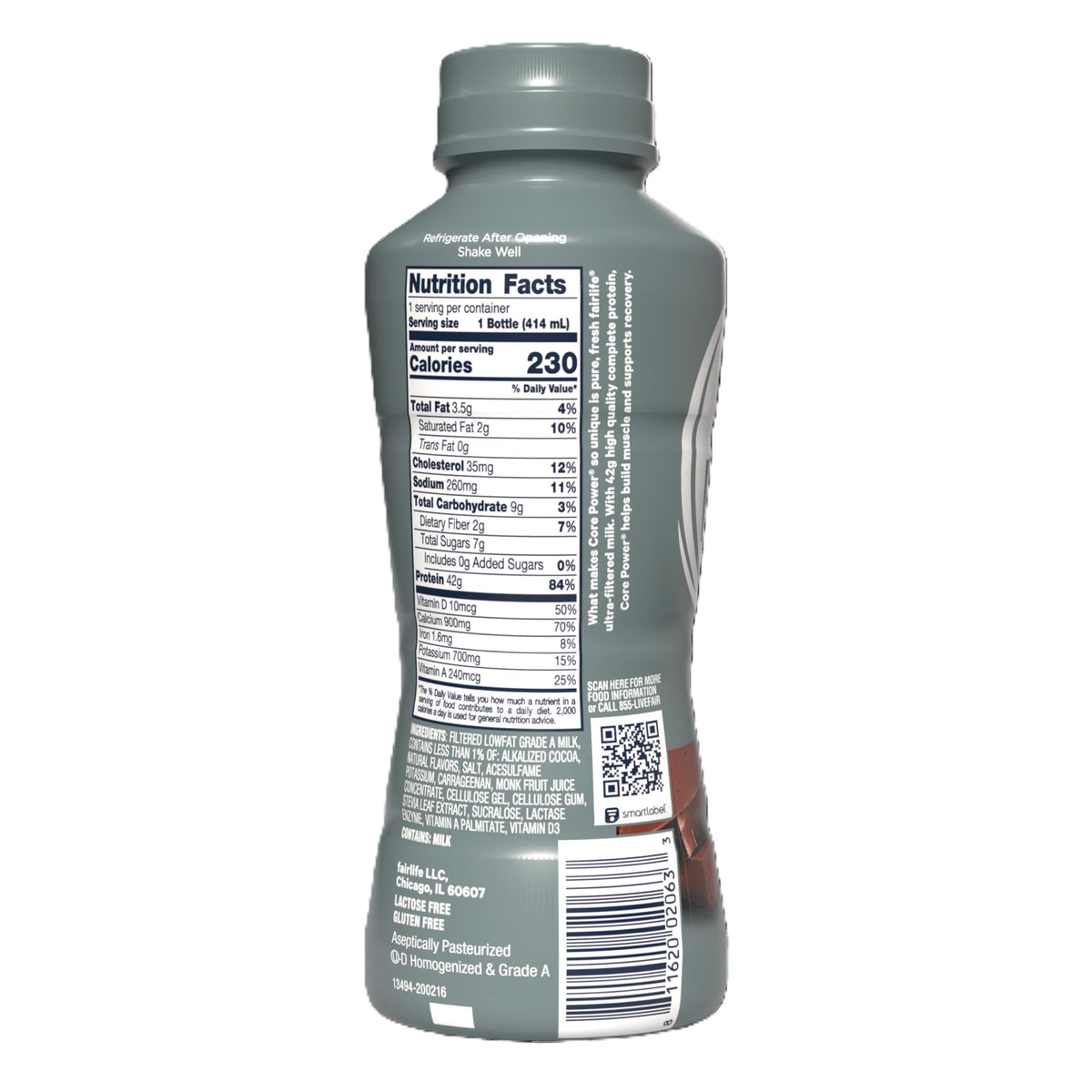 Core Power Elite Chocolate bottle in carton communicates pack quantity
