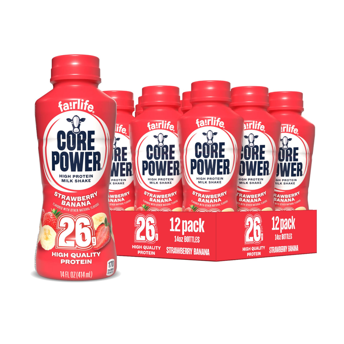 Core Power Strawberry Banana bottle front showing vibrant flavor and 26 g protein boost