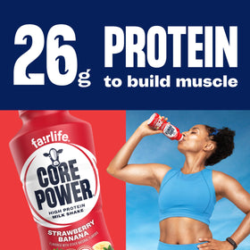 Core Power Strawberry Banana bottle back label highlighting gluten-free and low sodium