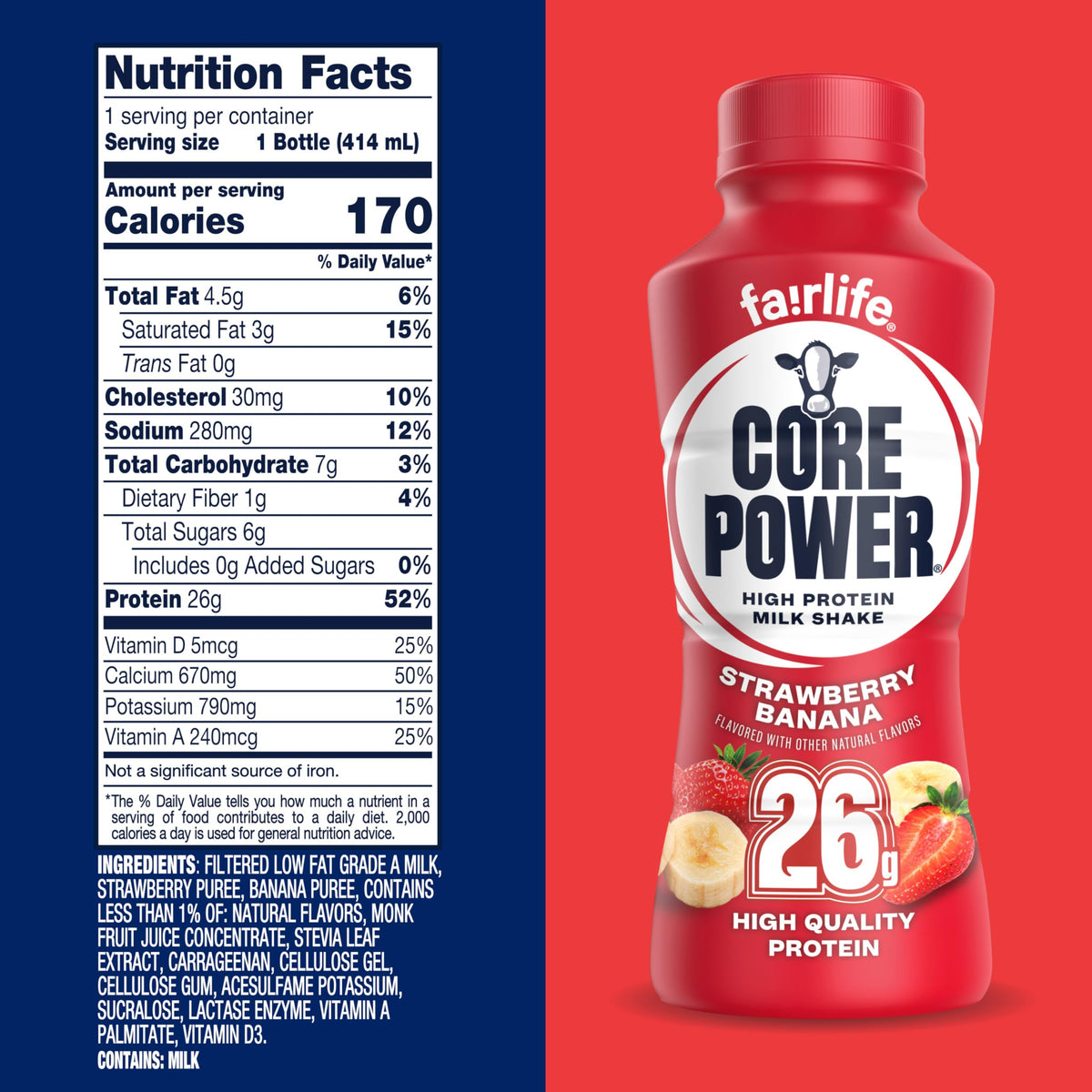Core Power Strawberry Banana bottle on table ready for grab-and-go