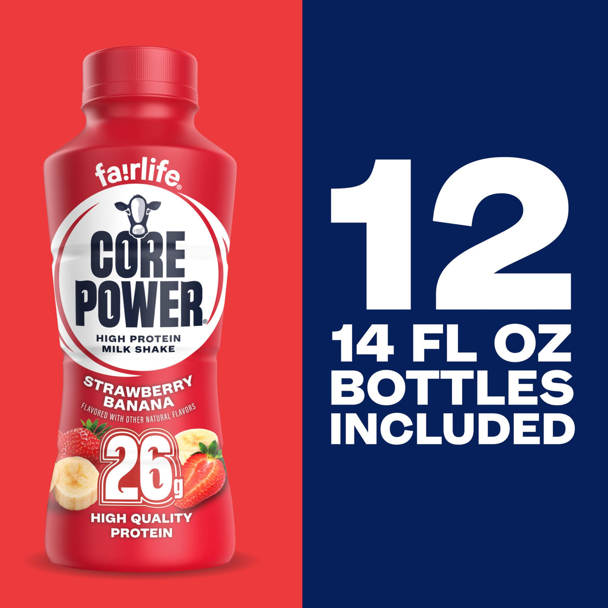 Core Power Strawberry Banana pack of 12 bottles arranged for convenience