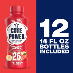 Core Power Strawberry Banana pack of 12 bottles arranged for convenience