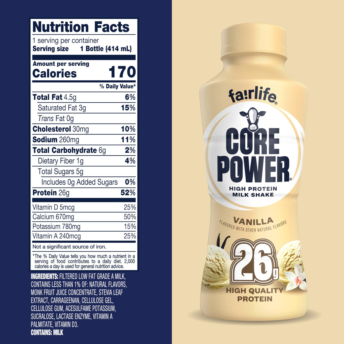 Core Power Vanilla bottle shows lactose-free and gluten-free attributes