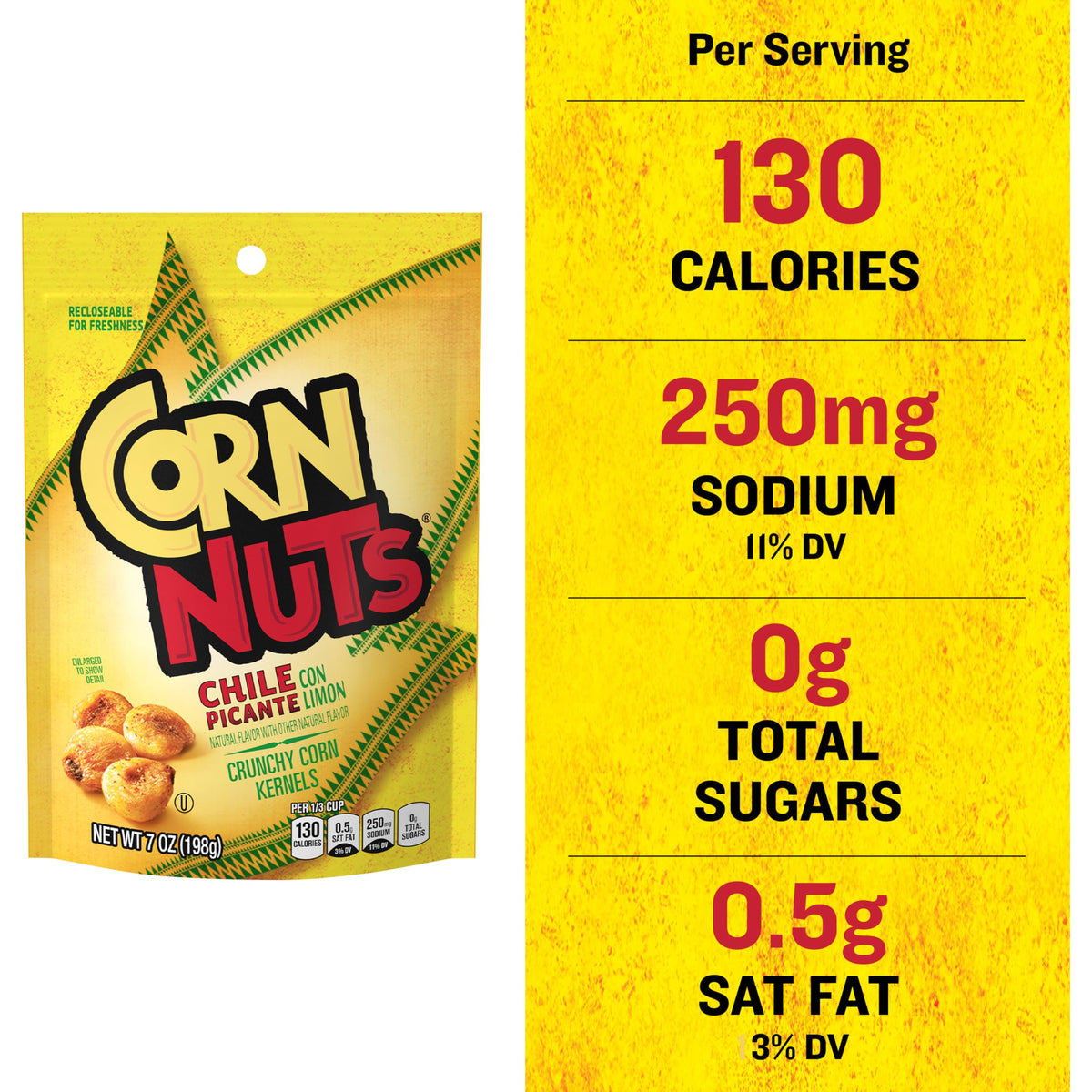 Corn Nuts Chile Picante Limon close-up of seasoned kernels with garlic and citrus tang