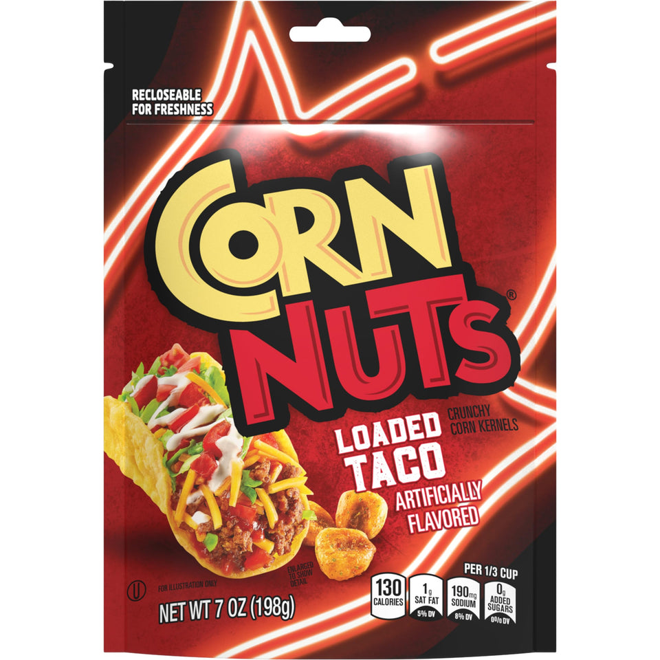 Corn Nuts Loaded Taco twelve-pack front view, pantry-ready snack option.