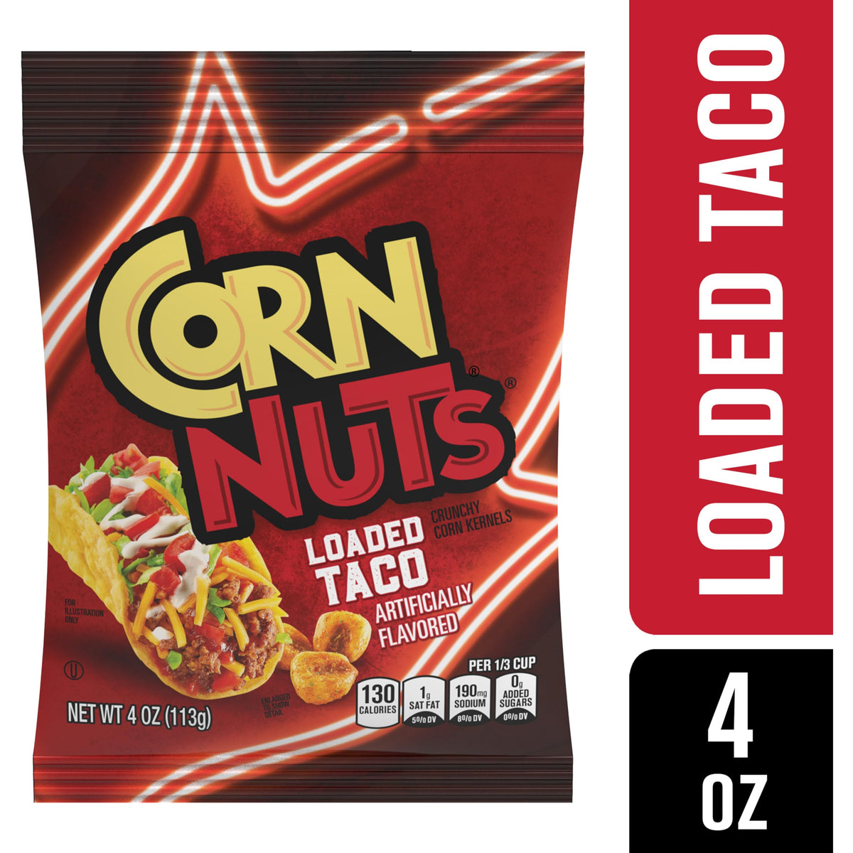 Corn Nuts Loaded Taco pack on shelf highlights shelf-stable, ready-to-enjoy plant-based snacking.