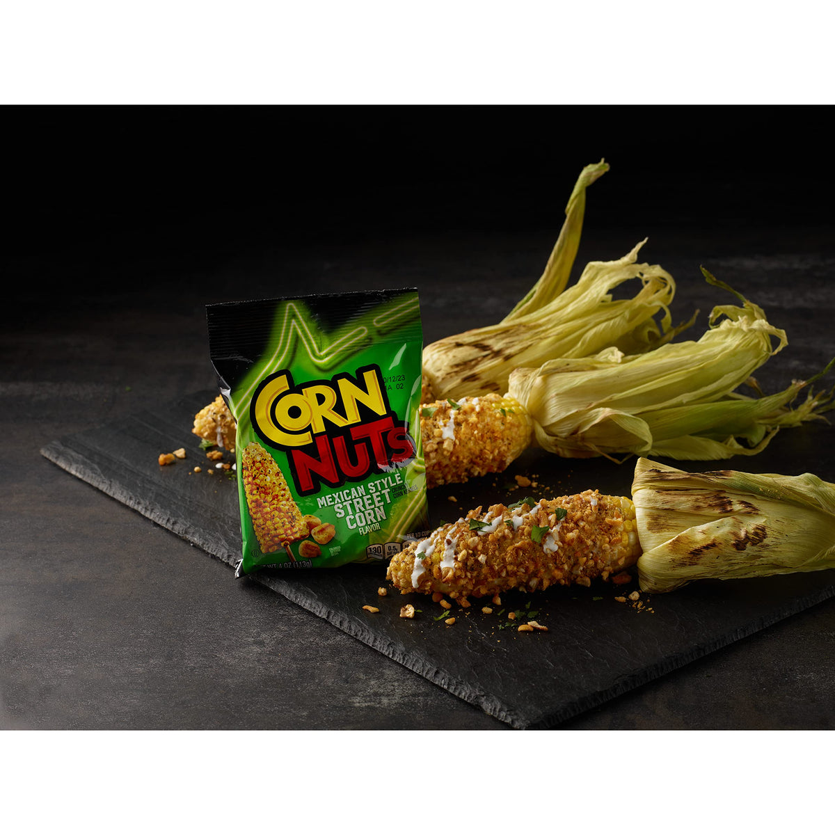 Packaging back showing nutrition facts and serving ideas for Corn Nuts
