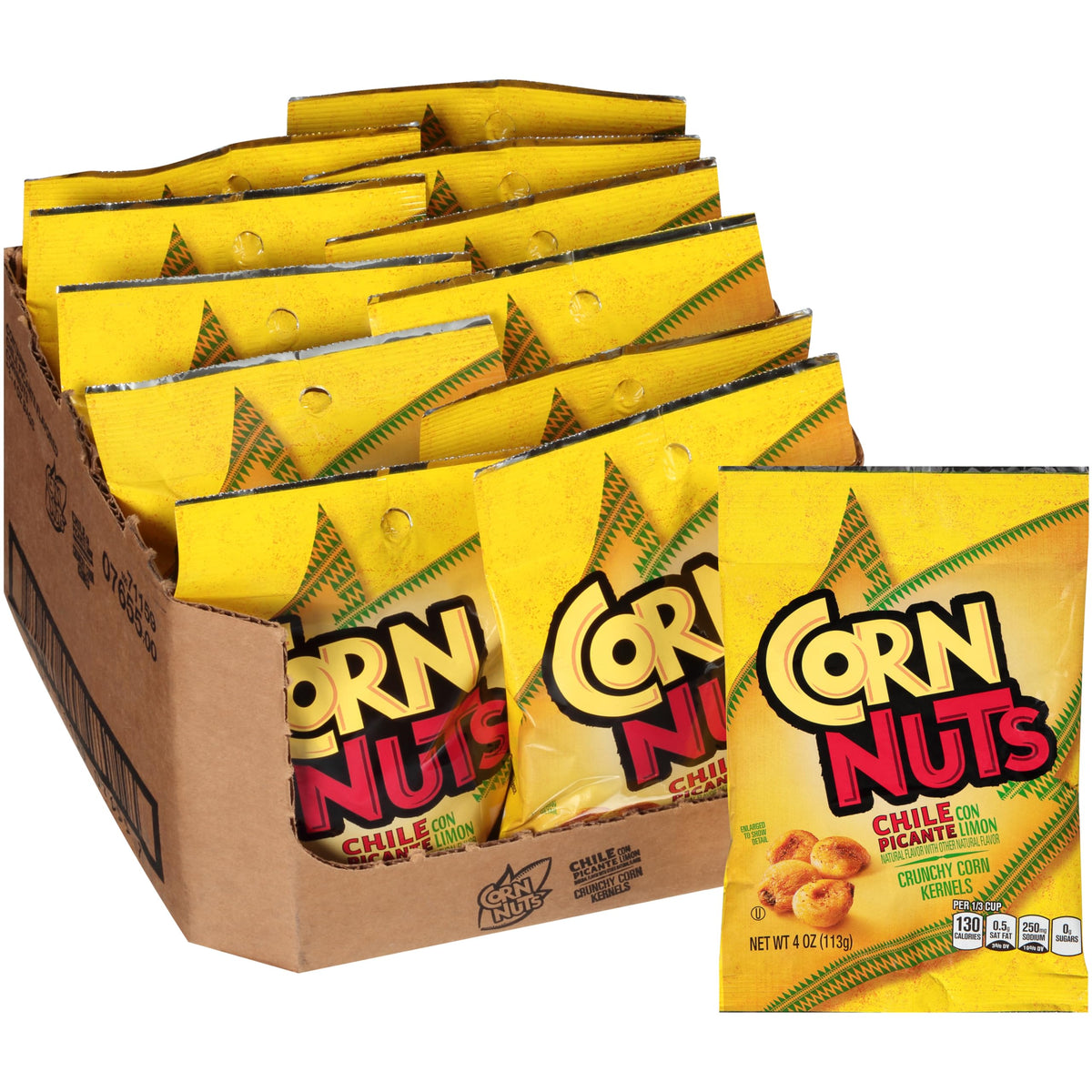 Corn Nuts Spicy Chile Lime kernel close-up shows roasted texture and spice.