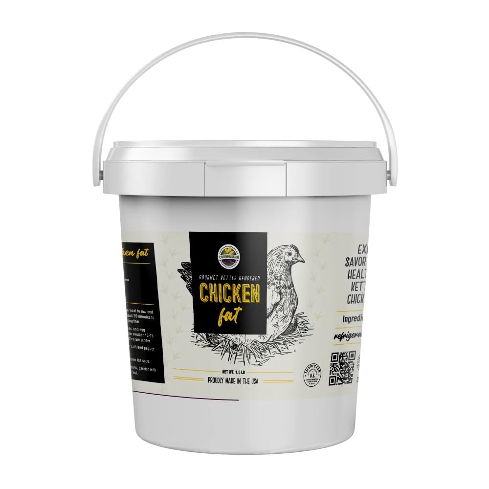 Cornhusker Kitchen chicken fat tub closeup, perfect for frying and roasting with rich flavor