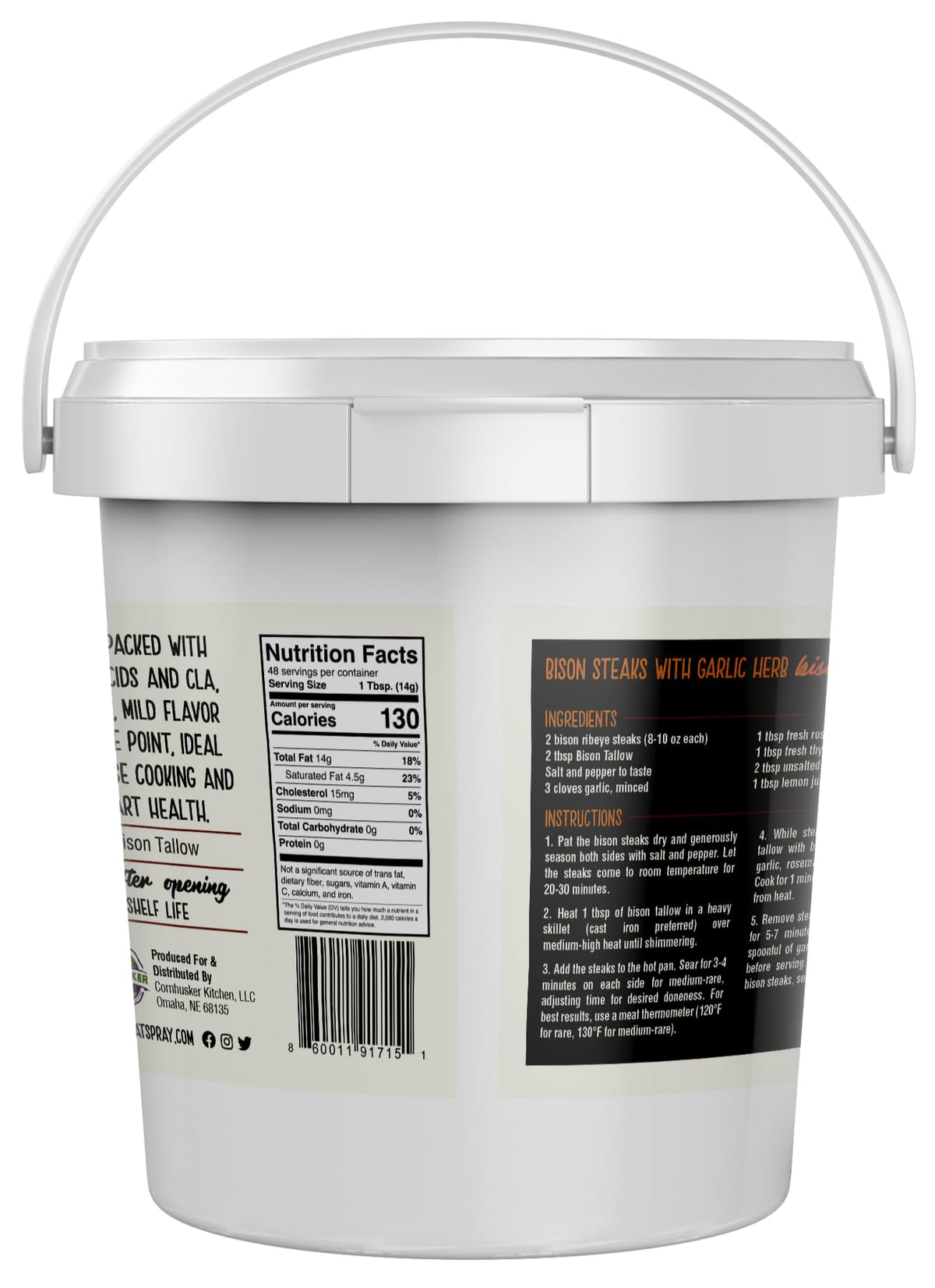 Cornhusker Kitchen wagyu beef tallow tub suited for searing and roasting.