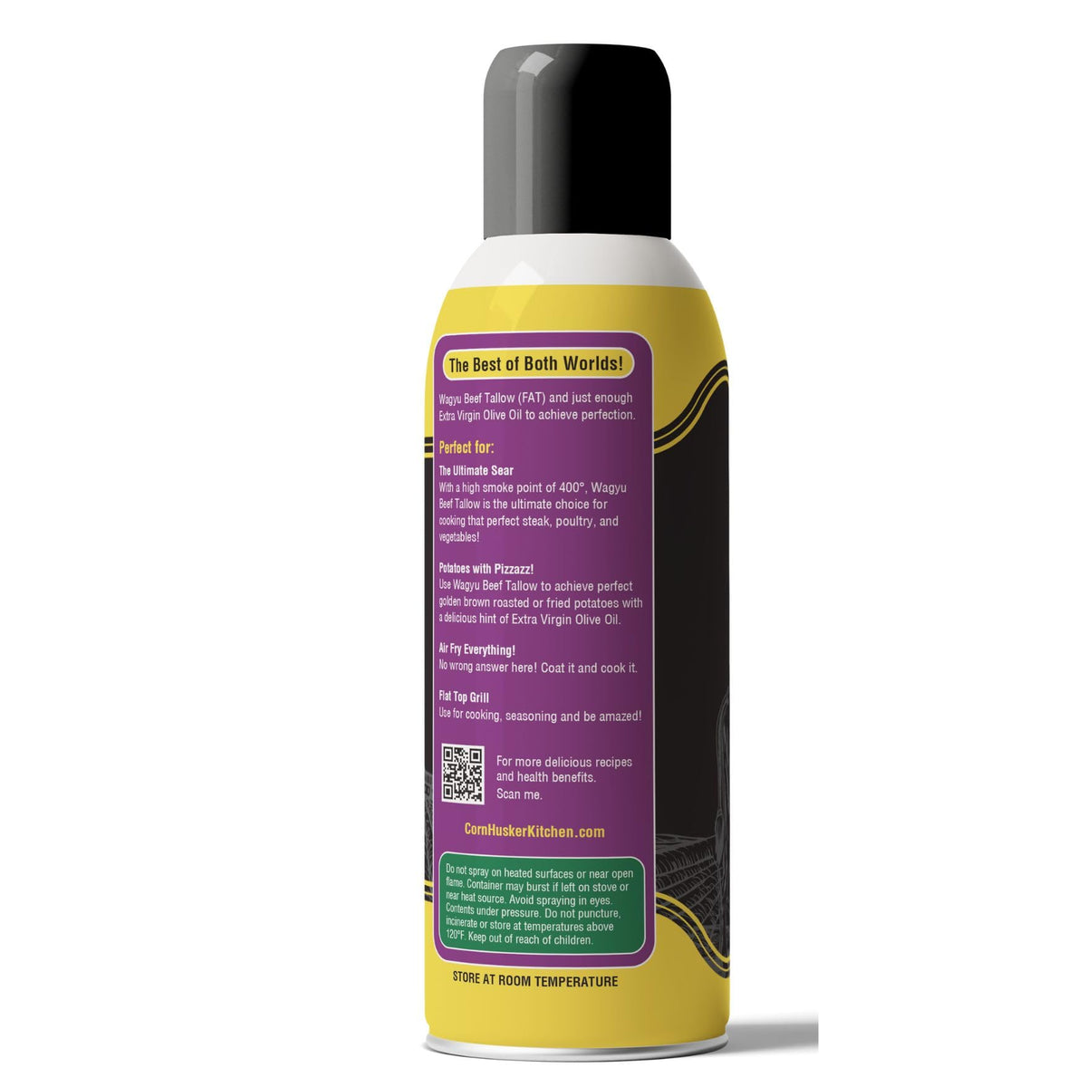 Cornhusker Kitchen Wagyu Tallow Spray dispenses evenly for versatile cooking on grill.