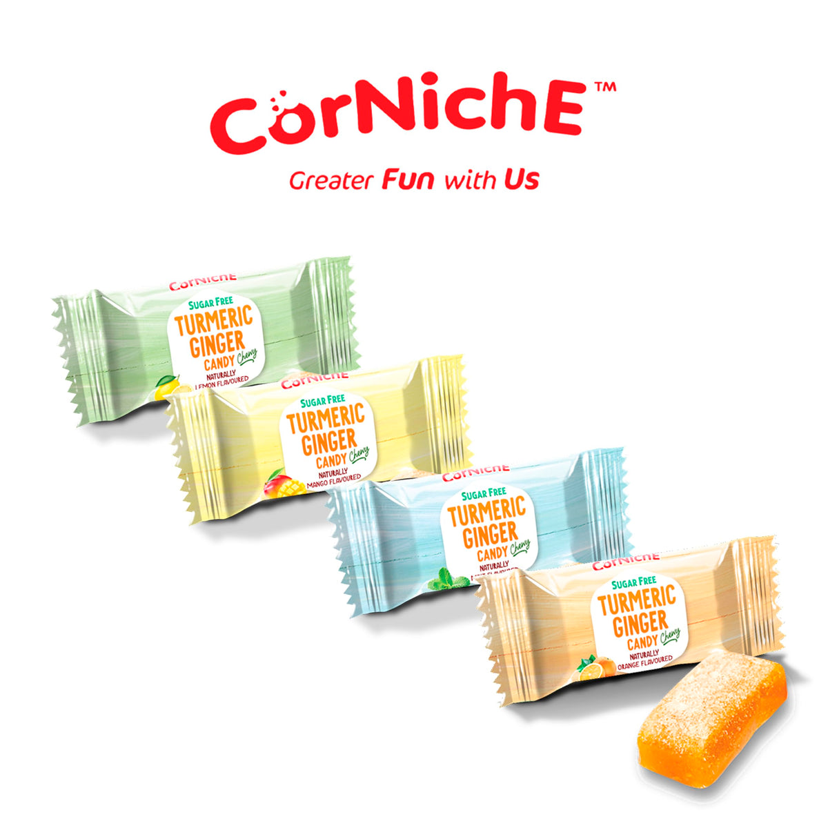 Corniche Sugar Free Turmeric Ginger Candy Mango wrap, tropical and spice balanced.
