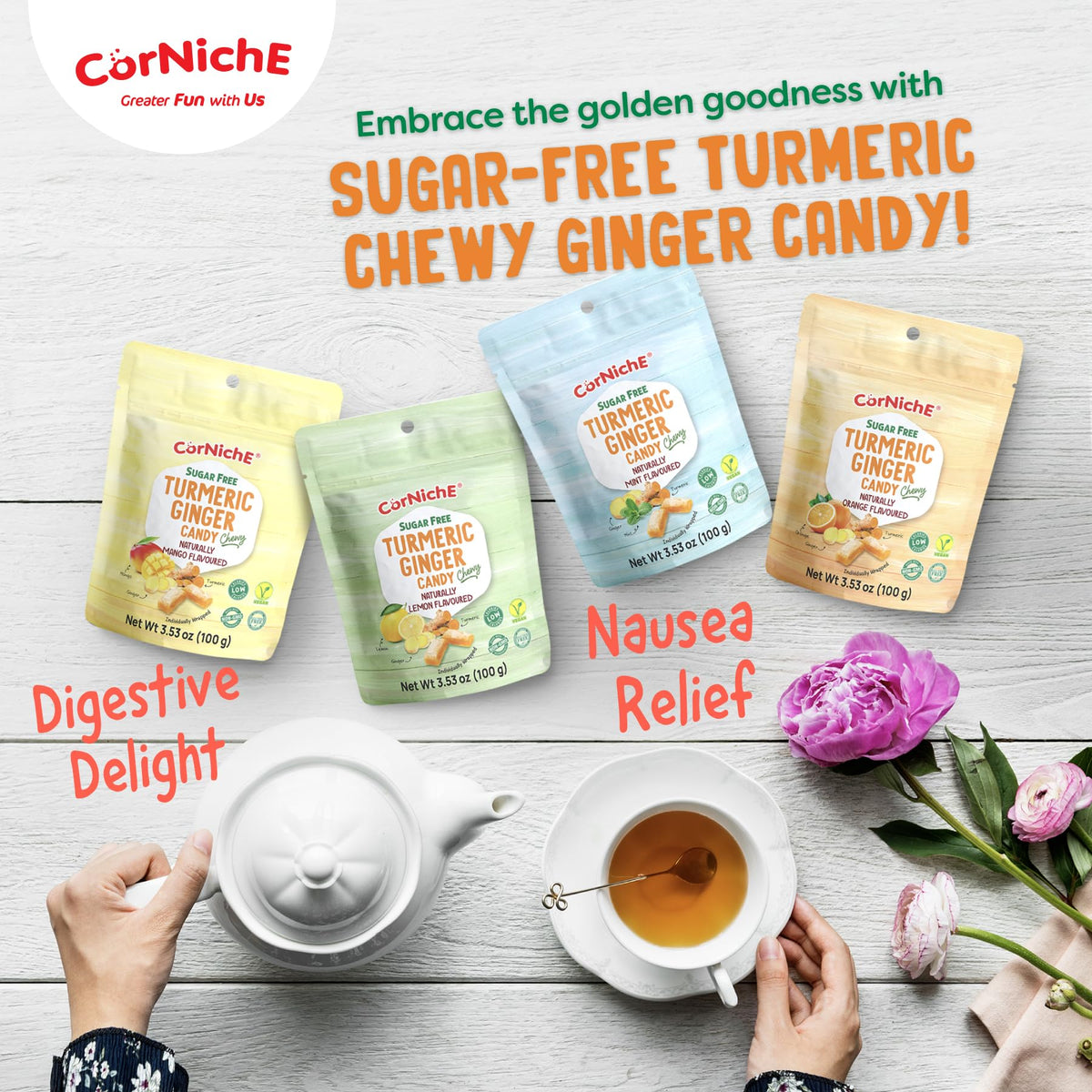 Corniche Sugar Free Turmeric Ginger Candy Mint wrap, cool and convenient.
