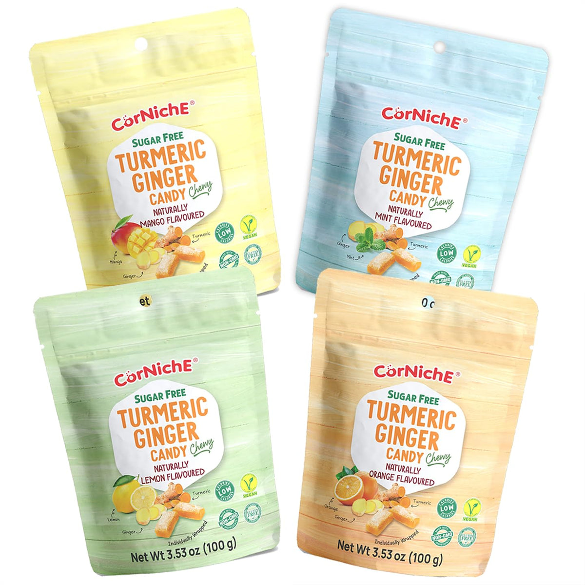 Corniche Sugar Free Turmeric Ginger Candy Orange wrap, flavorful and low calorie.