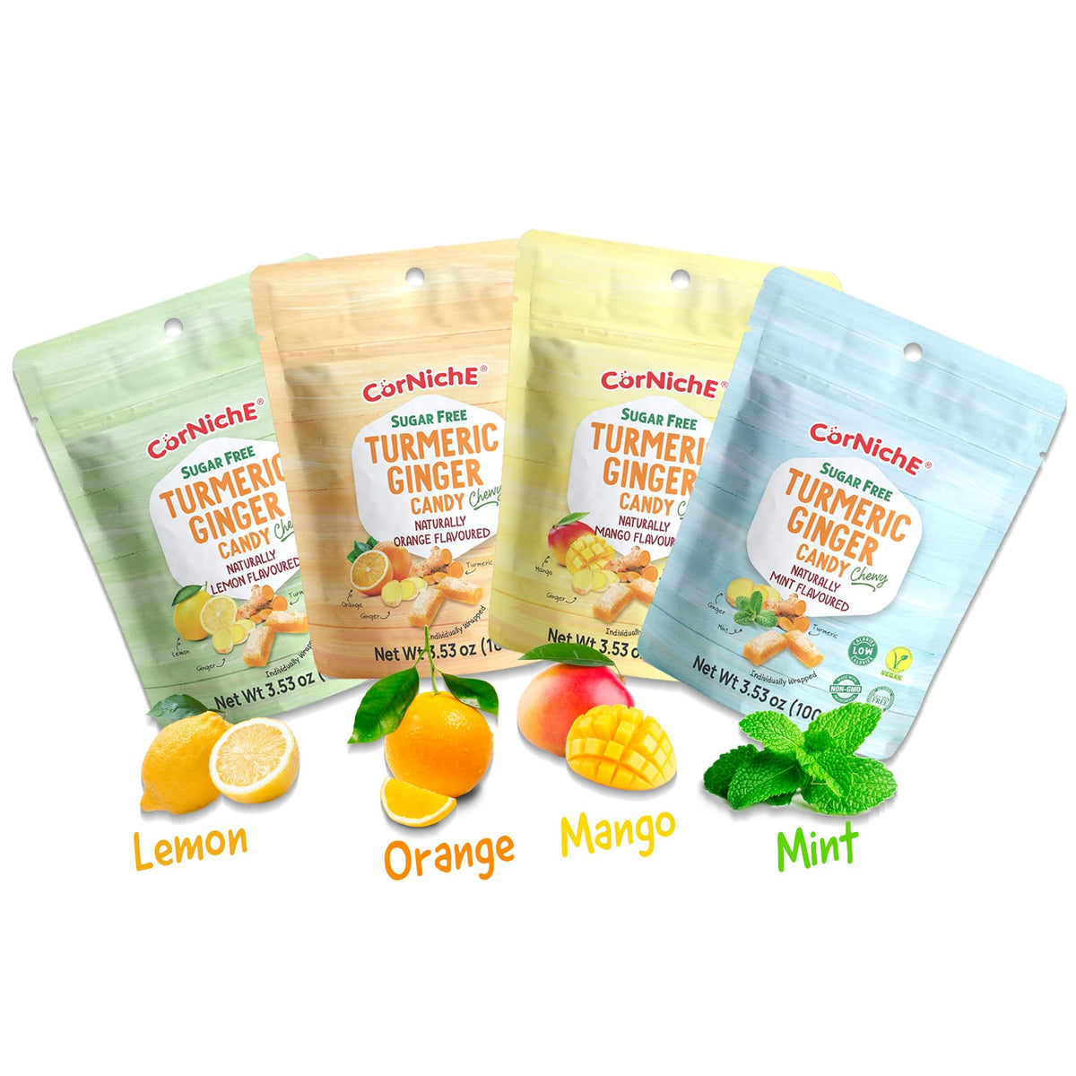 Corniche Sugar Free Turmeric Ginger Candy variety front, four flavors displayed.