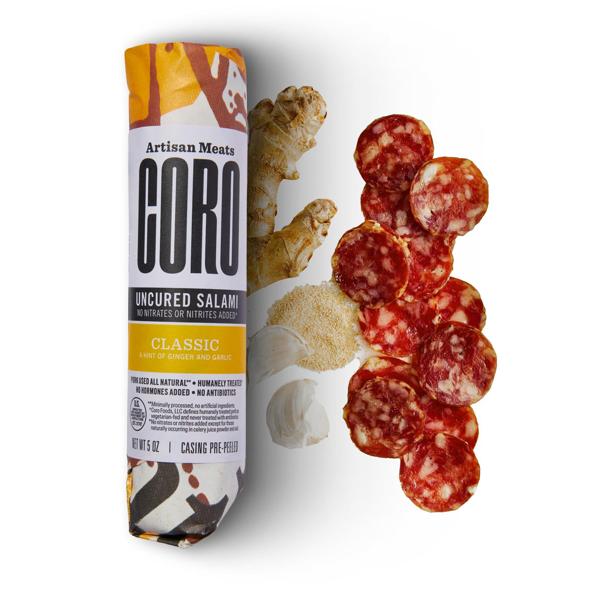 Coro Classic Uncured Salami Stick with garlic and ginger for bold snacking.
