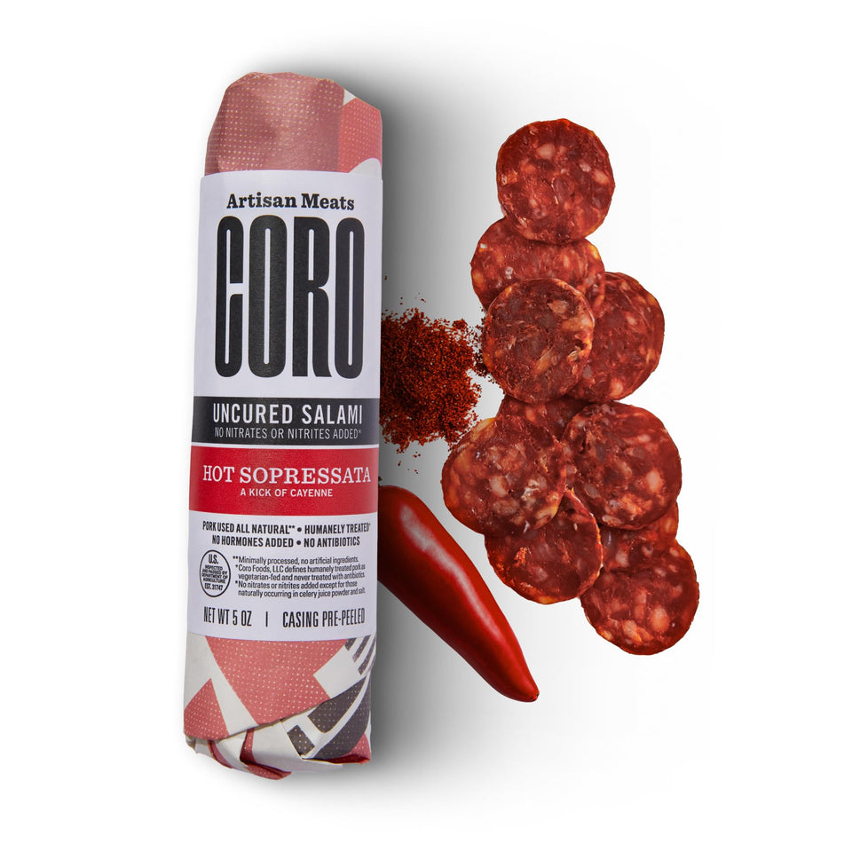 Coro hot soppressata stick cayenne packaging showcases bold flavor for charcuterie