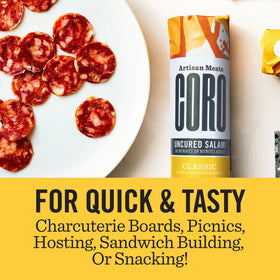 Coro salami ingredients label highlights clean, gluten-free, nitrate-free features.