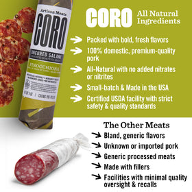Coro salami on a charcuterie board with olives and crackers for a party