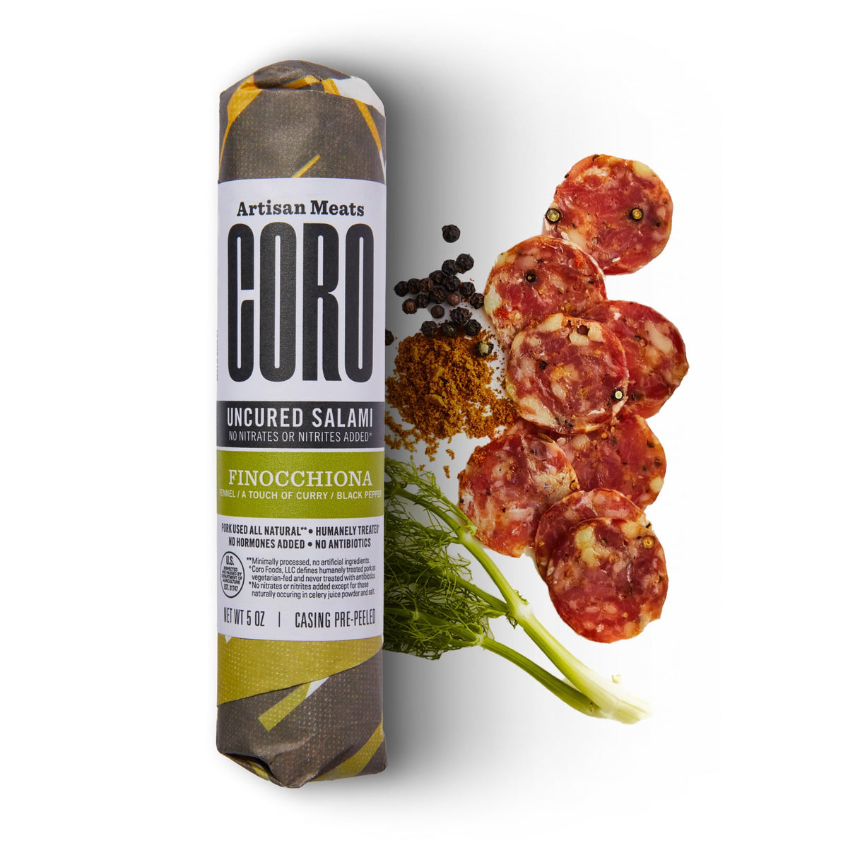 Coro Uncured Finocchiona salami stick close-up with fennel aroma for a refined board