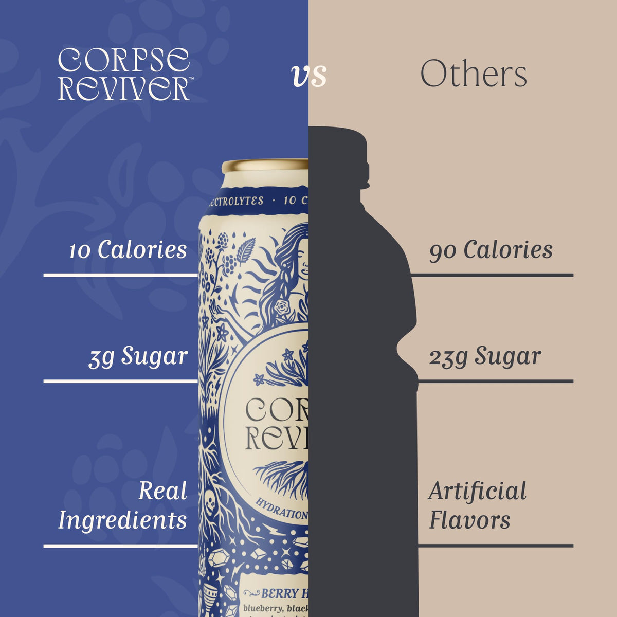 Corpse Reviver Berry Hibiscus bottle closeup showing sparkling herbal complex.
