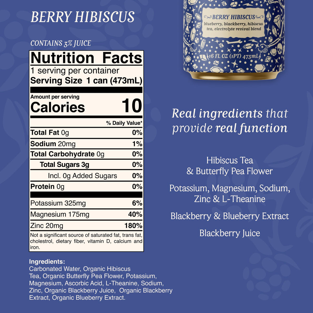 Corpse Reviver Berry Hibiscus pack back, flavor notes and ingredient highlights.