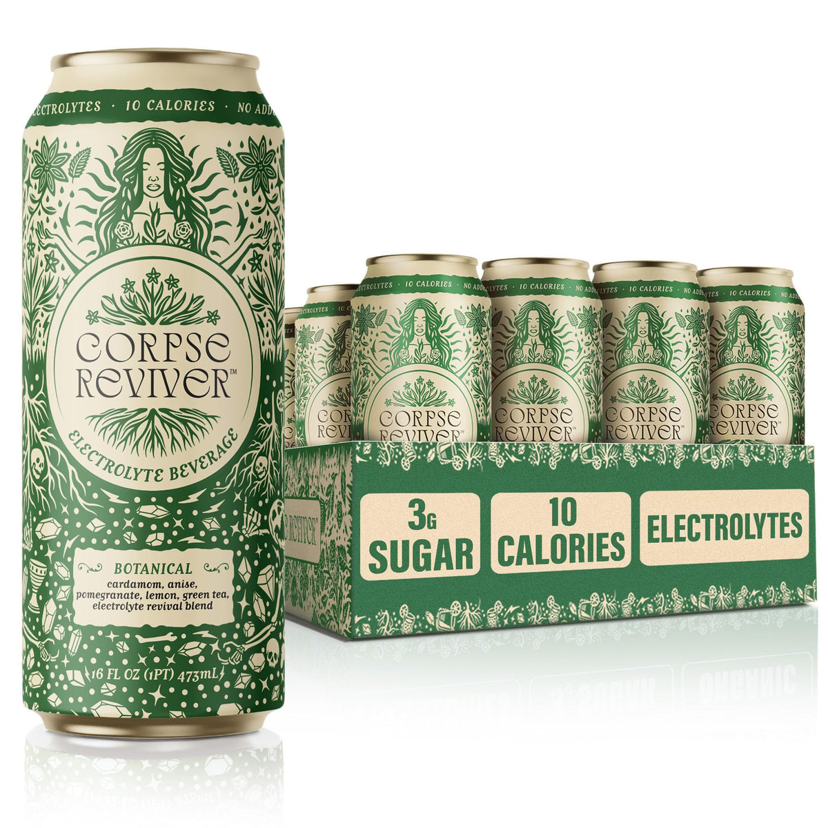 Corpse Reviver bottle carbonation closeup, showcasing a refreshing electrolyte drink for on-the-go hydration.