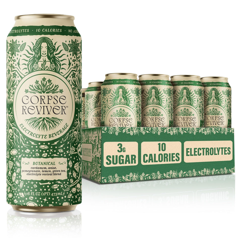 Corpse Reviver bottle carbonation closeup, showcasing a refreshing electrolyte drink for on-the-go hydration.