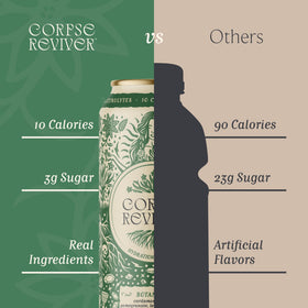 Corpse Reviver bottle label detail highlighting minerals and botanical notes.