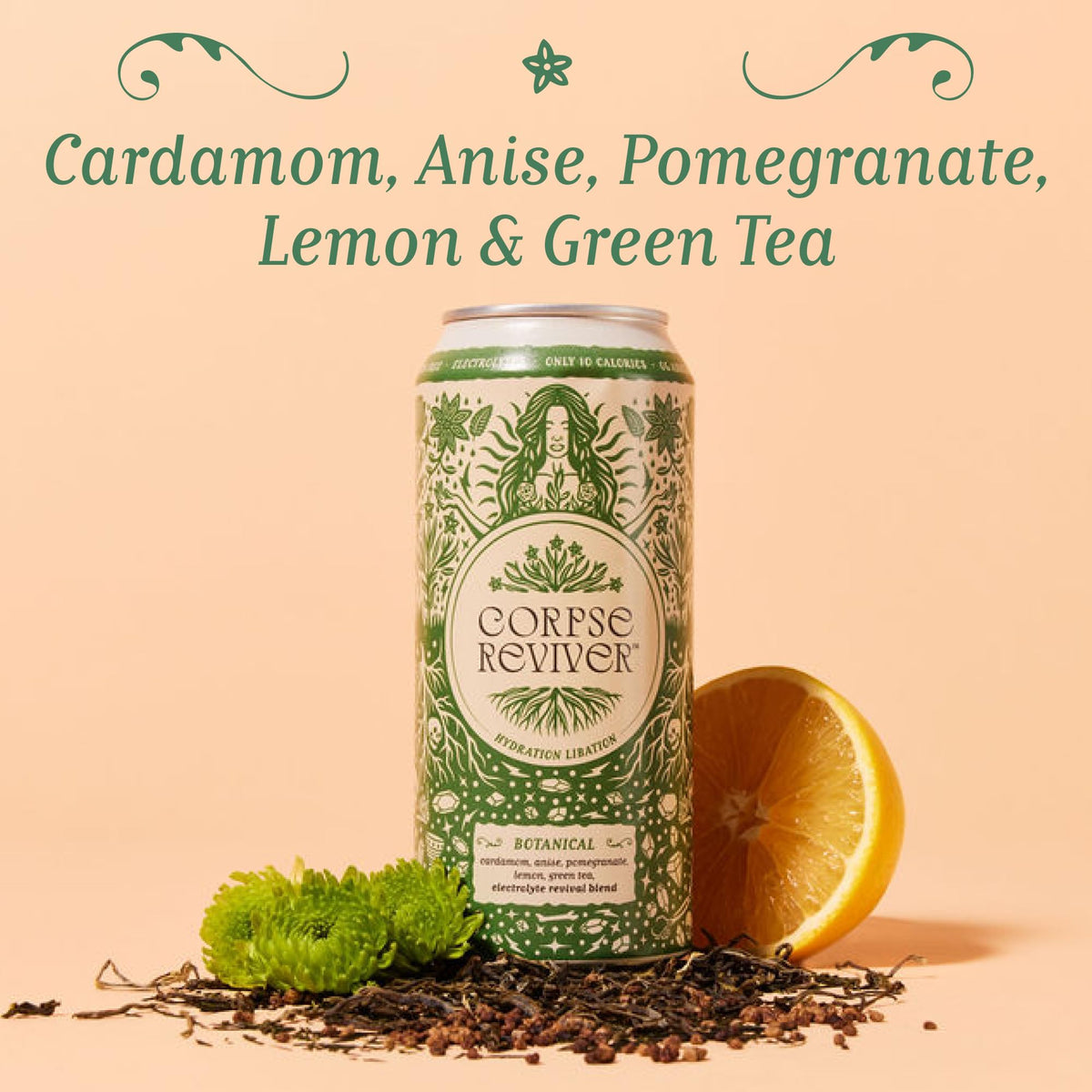 Corpse Reviver green tea note, subtle lift from L-Theanine for focus.