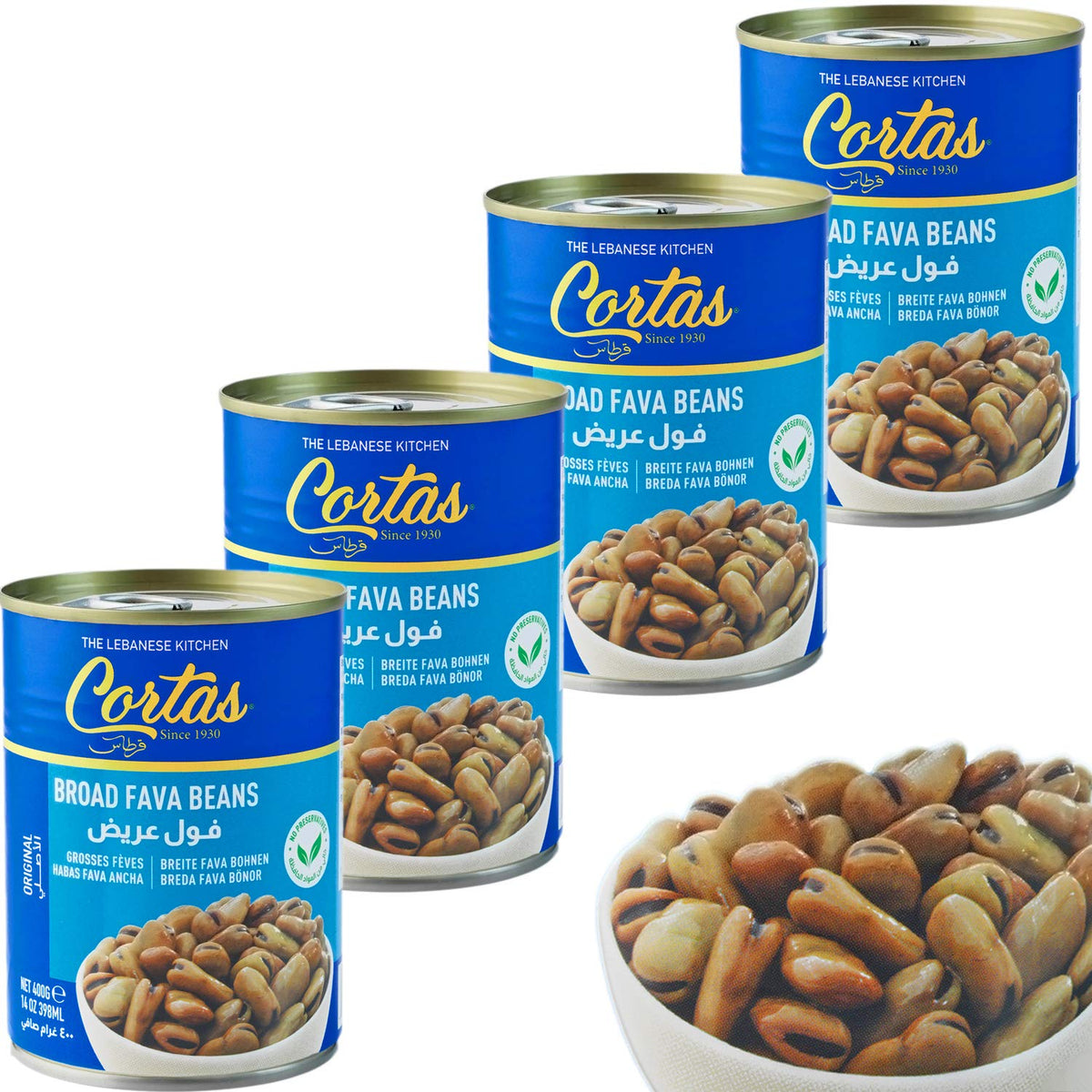 Cortas Broad Fava Beans 4-Pack can front for protein-rich meals