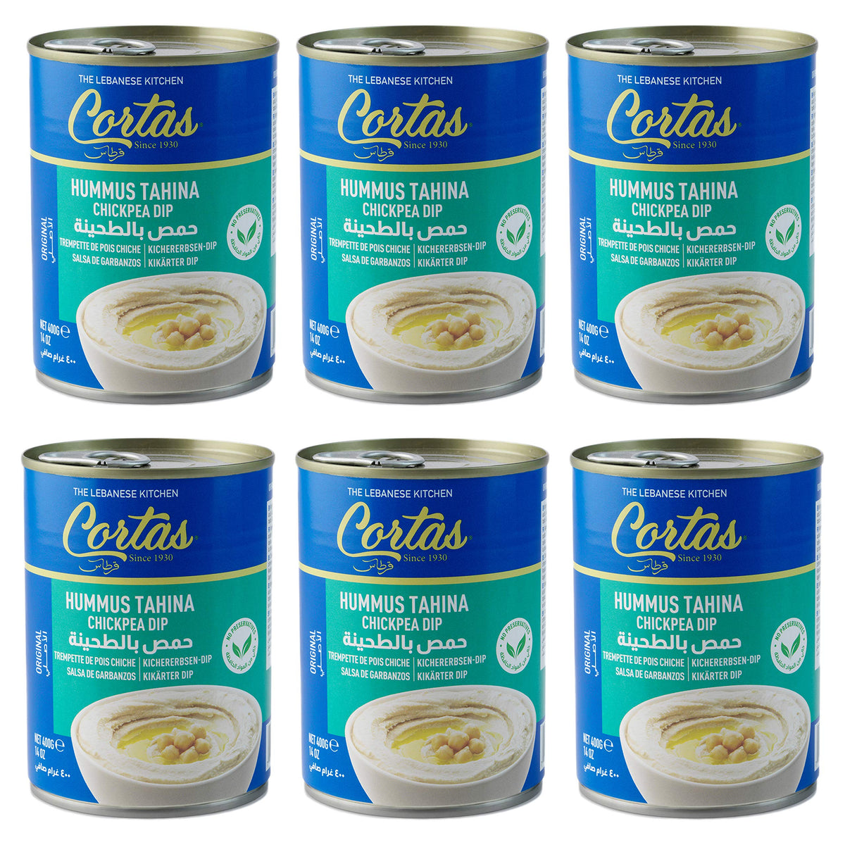 Cortas hummus tahini dip 6-pack packshot, ready to serve with creamy Lebanese flavor.