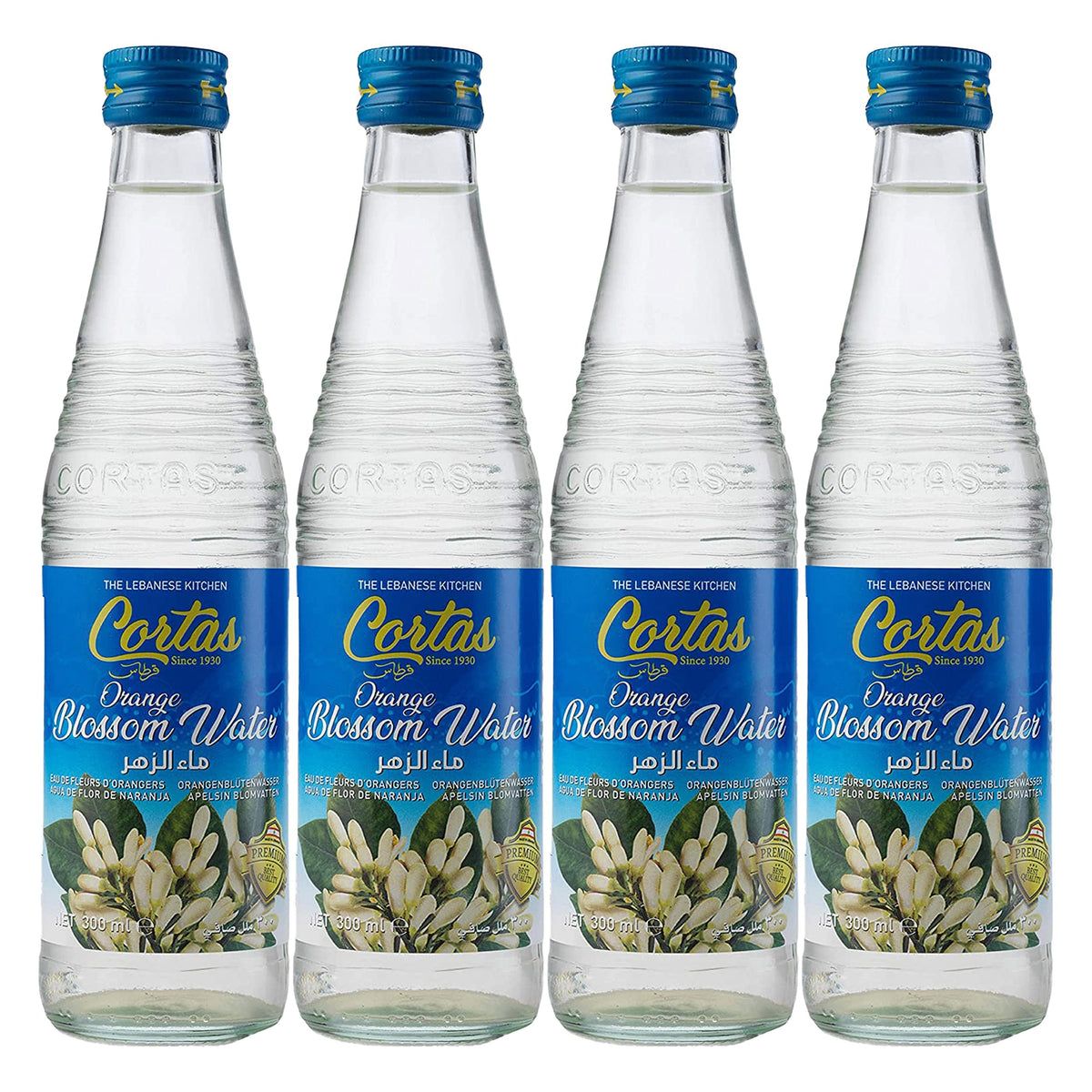 Cortas orange blossom water bottle front view, four-pack, ideal for flavoring drinks.